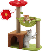 Flower Cat Tree with Large Metal Frame Hammock, 35" Pink Cat Tower with Sisal Scratching Posts for Small Indoor Cats, Cat Condo with Blue Top Perch for Kittens, Fluffy Ball, Pink