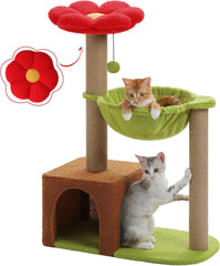 Flower Cat Tree with Large Metal Frame Hammock, 35" Pink Cat Tower with Sisal Scratching Posts for Small Indoor Cats, Cat Condo with Blue Top Perch for Kittens, Fluffy Ball, Pink