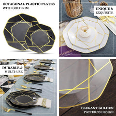 Efavormart 10 Pack | 8" White/Gold Geometric Design Plastic Dessert Plates, Disposable Octagon Salad/Appetizer Party Plates