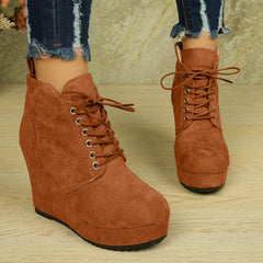 Women's Ankle Boots Wedge Platform Short Booties Round Toe Lace up Wedge Heels Warm Suede Boots for Party Evening Shoes Winter Flatform Chunky Wedges Comfortable Ankle Booties Shoes