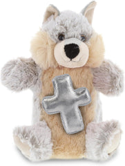 DolliBu Wolf Hand Puppet Stuffed Animal with Silver Cross and Personalization - Religious Baptism Gifts for Boys and Girls, Dedication Christening Gifts Plush Prayer Toy Healing Teddy Bear - 9.5 Inch