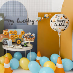 Round Foil Balloon Happy Birthday Construction Vehicles 18 Inch PartyDeco, Kids Boy Party Balloons, Boys Construction Birthday Party Supplies
