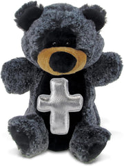 DolliBu Black Bear Hand Puppet Stuffed Animal with Silver Cross and Personalization - Baptism Gifts for Boys and Girls, Dedication Christening Gifts Plush Prayer Toy Healing Teddy Bear - 9 Inches