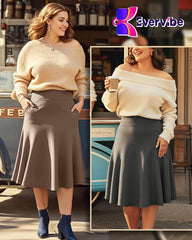 3 Pack Plus Size Skirts for Women, Knee Length Midi Casual Flowy Flared A Line Summer Work Church Skirts with Pocket