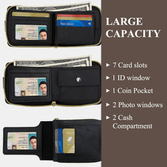 PU Leather Wallet for Men, Mini Portable Bifold Mens’ Wallet with Zipper Buckle Multi Compartments ID Windows (Black)