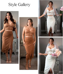 Popilush Midi Skirts for Women Lace Shapewear Split Satin High Waisted Bodycon Long Skirt Built-in Tummy Control