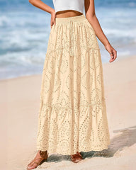 BTFBM Women Boho Casual Skirts Summer 2025 Lace Embroidery Eyelet Elastic Waist Flowy Tiered Beach Fall Maxi Skirt