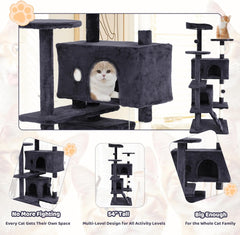 Cat Tree Tower, Sisal-Covered Scratching Posts, Condo, Hammock, Dangling Ball, and Extended Platform, Big Cat House & Furniture, 54" Tall, Beige