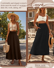 Ficerd 3 Pack Women's Maxi Long Skirts with Pockets, A Line Ankle Length High Waisted Flowy Soft Cotton Summer Casual Skirts
