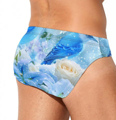 Blue Bird Flower Men's Swimsuit Brief Beach Shorts Bikini Swimwear Sexy Swimming Trunks