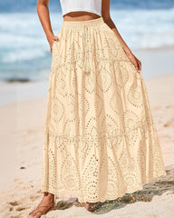 BTFBM Women Boho Casual Skirts Summer 2025 Lace Embroidery Eyelet Elastic Waist Flowy Tiered Beach Fall Maxi Skirt