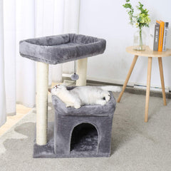 32" Cat Tree Tower for Indoor Cats - 2 Cozy Condos, Multi-Level Cat Scratching Posts with Sisal, Soft Padded Perch, 2 Dangling Toys, Dark Grey