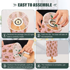 Brown Capybaras Flower Bedside Table Lamp Small Desk Lamps Linen Fabric Shade Decorative Nightstand Lamp LED with USB Port Wood Base for Bedroom Living Room