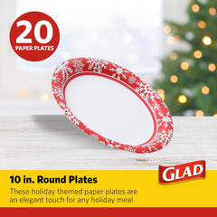 Glad Round Disposable Paper Plates, Holiday Red Snowflake Design - Strong, Sturdy, Soak Proof, and Microwavable Decorative Plates for Dinner and Everyday Use, 10 Inch, 20 Count
