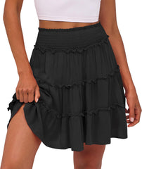 Caracilia Womens Summer Flowy Mini Skorts Skirts High Waist Ruffle Tiered Casual Cute Boho Beach Short Skirts Built-in Shorts