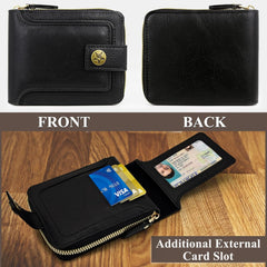 PU Leather Wallet for Men, Mini Portable Bifold Mens’ Wallet with Zipper Buckle Multi Compartments ID Windows (Black)