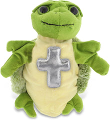 DolliBu Sea Turtle Hand Puppet Stuffed Animal with Silver Cross and Personalization - Baptism Gifts for Boys and Girls, Dedication Christening Gifts Plush Prayer Toy Healing Teddy Bear - 10 Inch