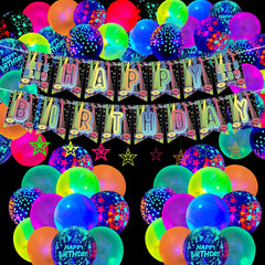 Glow in the Dark Birthday Party Decorations, Includes Happy Birthday Banner, Neon Balloons, Star Decorations Swirls, Glow Birthday Supplies for Kids