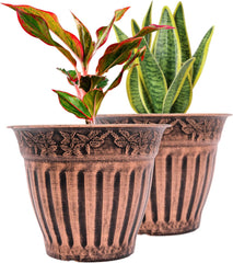 Doric Order Inspired Set of 2 Fancy Plastic Planters 10X8 in Nursery Flowerpot for Indoor Outdoor Garden Patio Office Home Decor Long Lasting Lightweight (Copper-DO)