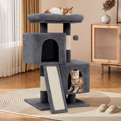Cat Tree With 2 Condos, Scratching Post & Sisal-Covered Board Ladder, Climbing Tower for Indoor Cats, 34 Inches, Light Gray
