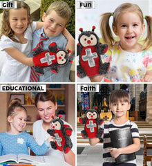 DolliBu Red Ladybug Hand Puppet Stuffed Animal with Silver Cross and Personalization - Baptism Gifts for Boys and Girls, Dedication Christening Gifts Plush Prayer Toy Healing Teddy Bear - 8 Inch