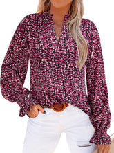 MASCOMODA Womens V Neck Floral Long Sleeve Tops 2025 Summer Casual Loose Puff Sleeve Chiffon Boho Work Blouse Dressy T Shirts