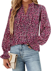 MASCOMODA Womens V Neck Floral Long Sleeve Tops 2025 Summer Casual Loose Puff Sleeve Chiffon Boho Work Blouse Dressy T Shirts