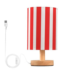 Red White Stripes Bedside Table Lamp Small Desk Lamps Linen Fabric Shade Decorative Nightstand Lamp LED with USB Port Wood Base for Bedroom Living Room