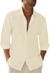 Button Down Linen Shirts for Men Casual Long Sleeve Regular Fit Cotton Beach Shirts with Pocket