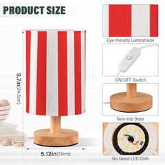 Red White Stripes Bedside Table Lamp Small Desk Lamps Linen Fabric Shade Decorative Nightstand Lamp LED with USB Port Wood Base for Bedroom Living Room