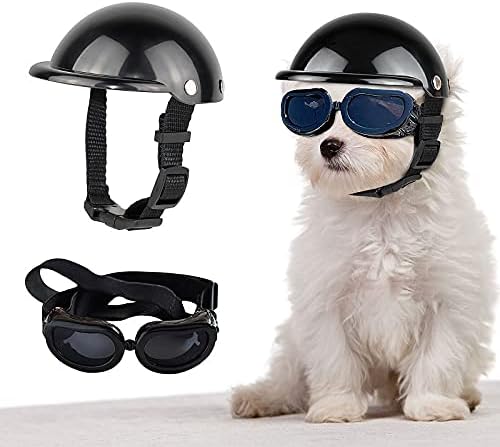 Enjoying Dog Goggles Doggy UV Sunglasses Bundle with Motorcycle Pet Helmet for Small Breed Dogs, Cats, Black