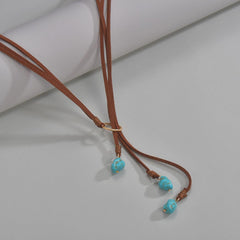 1PCS Irregular Turquoise Velvet Necklace, Double Layer Adjustable Choker, Handmade Bohemian Layering Jewelry, Natural Stone Fashion Statement Piece (Blue&White)