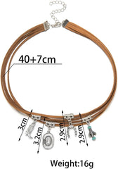 1PCS Western Layered Cactus Pendant Necklace, Denim Multi-Strand Choker, Cowgirl Style Jewelry, Adjustable Desert Charm Necklace for Women, Fashion Accessory (Silver&Blue)