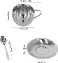 3PCS Coffee Cup Set, Stainless Steel Double Walled Mugs Milk Tea Cup with Saucer and Spoon for Latte, Cappuccino, Milk, Tea (Milan Double Layer Set-180ML)