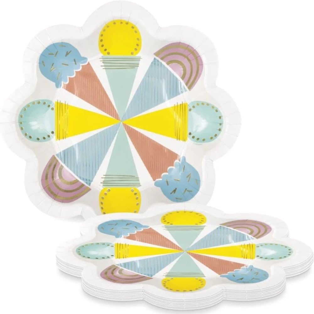 Multicolor Pastel Ice Cream Shaped Dessert Plates - 8.25" (Pack of 8) - Foil Stamping, Ideal for Summer Parties, Ice Cream-Themed Events, and Birthday Celebrations