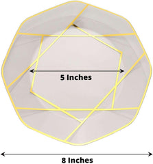 Efavormart 10 Pack | 8" White/Gold Geometric Design Plastic Dessert Plates, Disposable Octagon Salad/Appetizer Party Plates