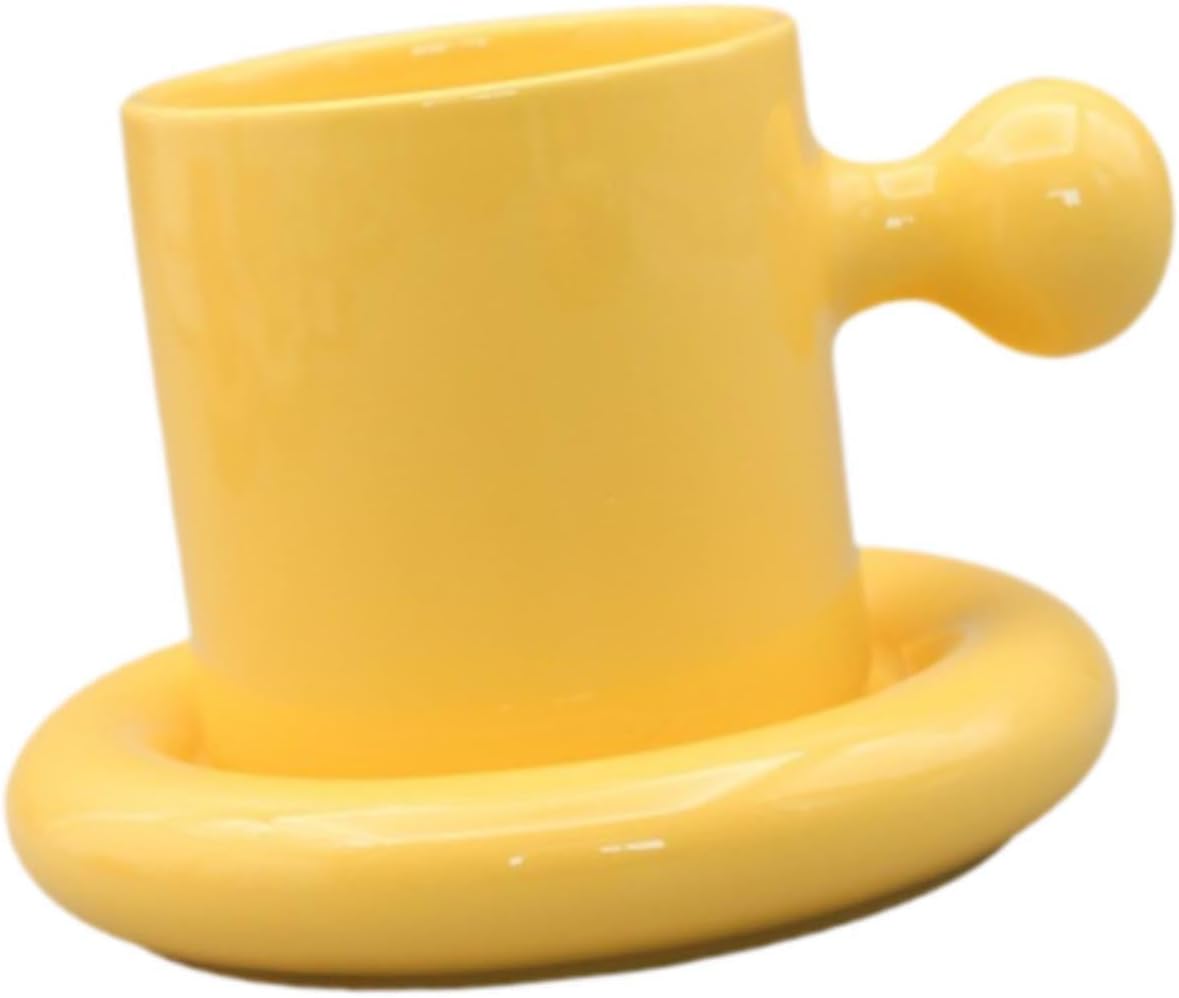 Chubby Mug Saucer Set,Coffee Cup,Novelty Funny 300ml Teacup Ceramic Mug Cup for Women Gift Office Espresso Drinks, yellow