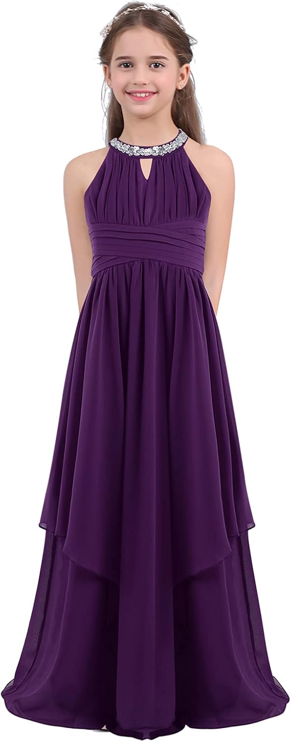 Kids Girls Sleeveless Halter Flower Girl Dress Princess Pageant Wedding Birthday Party Dress