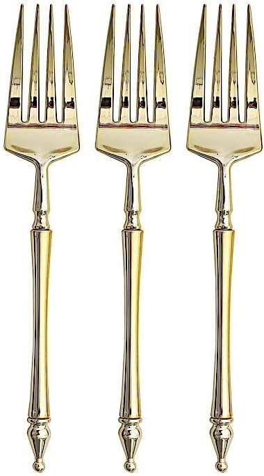 24 Disposable Gold 6 in Dessert Plastic Forks Appertizers Roman Column Handle for Weddings Parties Birthdays Receptions Events Catering Buffet Dinnerware Tableware Decorations