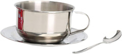 Coffee Cup Set with Saucer Spoon Handle, Stainless Steel Portable Serving Plate, 200ml Milk Cup, Unbreakable Coffee Mug, 3Pcs