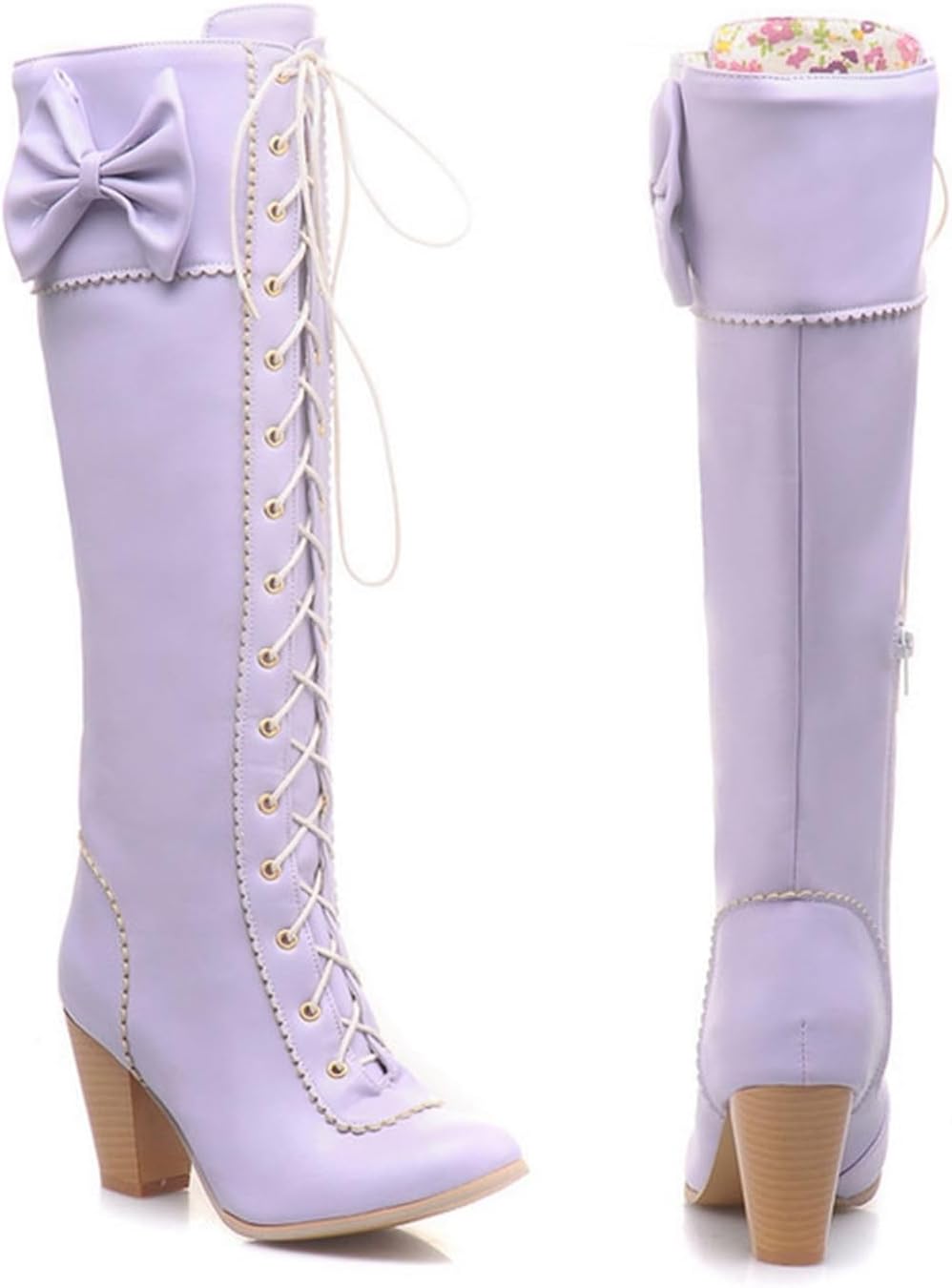 Womens Lace-Up Strappy Knee High Boots Bow Tie Chunky Heel Side Zipper Combat Stacked Heel Long Booties