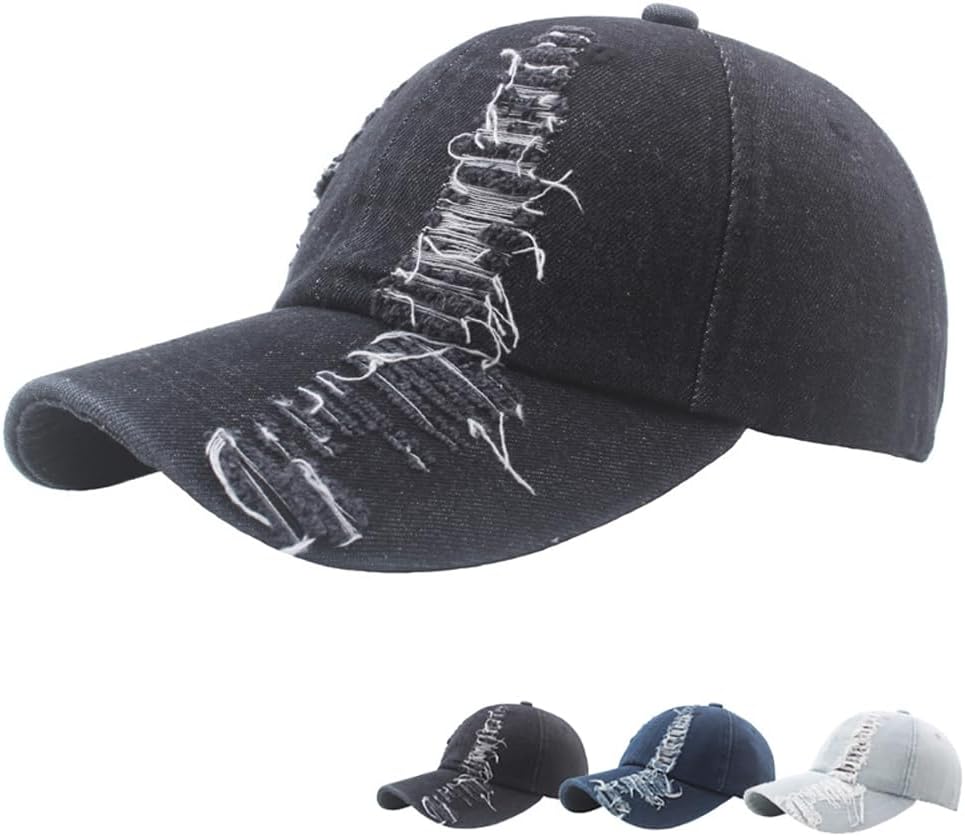 HAOZAIKEJI Vintage Distressed Jean Hat Ripped Denim Baseball Cap Washed Trucker Hat Adjustable for Women Men