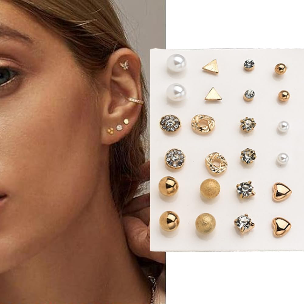 12pairs/set Stud Earrings Women Fashion Simple Crystal Earrings Pearl Minimalist Earring Wedding Jewelry Gifts