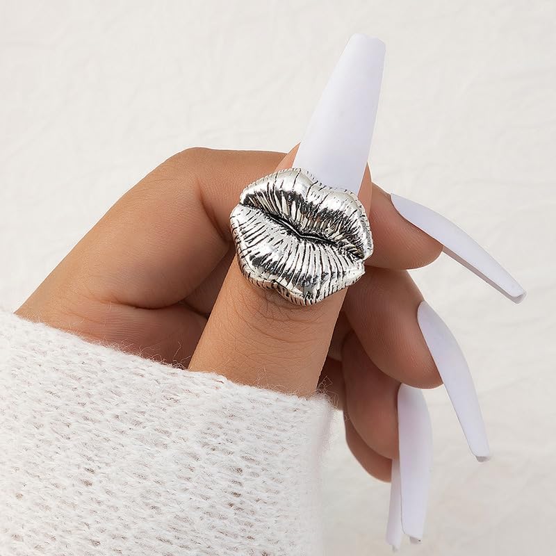 Vintage Lips Open Silver Ring, Women Fashion Jewelry Trendy Gift Accessories