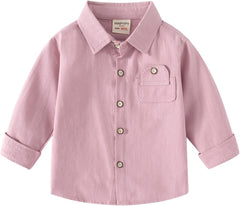 Boys Girls Button Down Shirt Long Sleeve Lapel Collar | Toddler Casual Woven Top with Pocket | Solid Color Kid Shirts