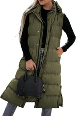 Grlasen Women's long Quilted Vest hooded sleeveless Button Down puff vest cotton padded jacket winter coat