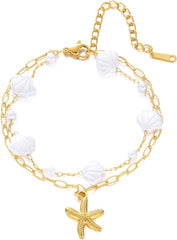 1PC Star-shaped Pearl Bracelets, Adjustable Layered Ocean Hand Chain, Hypoallergenic Beach Jewelry, Stackable Sea Theme Bracelet, Durable Ocean Inspired Accessory (Gold&White)