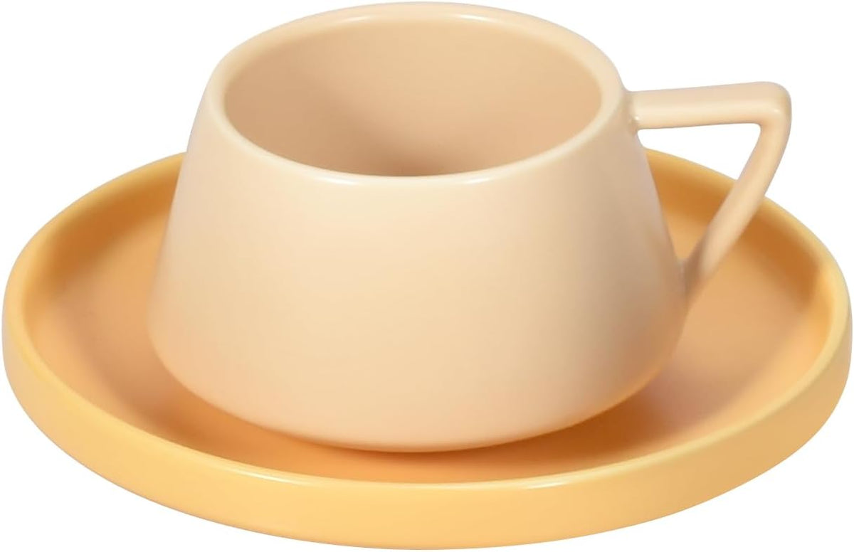 Koythin Ceramic Coffee Mug with Saucer Set, Cute Creative V-shaped Handle Cup Saucer for Office and Home, Dishwasher and Microwave Safe, 5.5 oz/160 ml for Latte Tea Milk (Apricot)