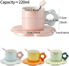 Ceramic Coffee Mug with Saucer Orange 200ml Cute Flower Tea Cup for Women Girlfriend Birthday Valentine's Day (Orange 2)