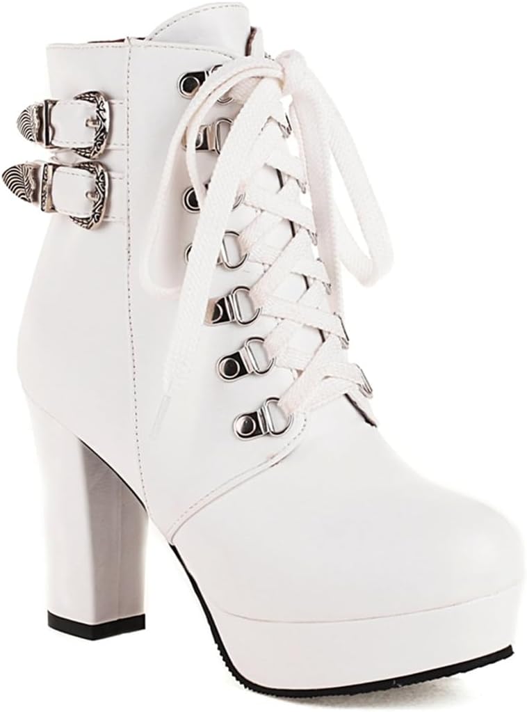 Inornever Lace Up Chunky Heel Ankle Boots for Women Side Zipper Closure Double Buckle Straps PU Leather Platform Womens Boots Beige White Red Pink Black Shoes